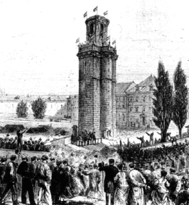 Grabado sobre el inicio de su derribo el día 26 noviembre 1868