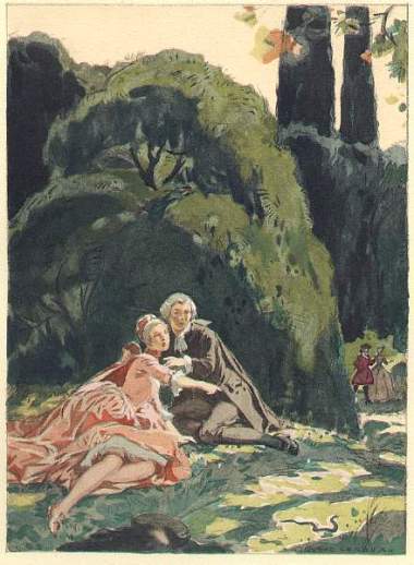 Nous nous tenions là tranquilles après le premier court combat, en nous regardant sans prononcer le mot, et sans penser à changer de position, lorsque la divine [donna] Lucrezia regardant à sa droite: - Tiens, me dit-elle, ne te l'ai je pas dit que nos Génies nous ont sous leur garde? […] Tu ne vois pas ce beau serpent qui, à dépouille flamboyante, et sa tête levée, semble nous adorer? […] Tiens, il s'en va. Vite, vite. Il veut nous dire en s'allant que des profanes vont arriver; et que nous devons aller chercher un autre gazon pour renouveler là nos plaisirs. Levons-nous donc. Arrange-toi. 1 - 236-237