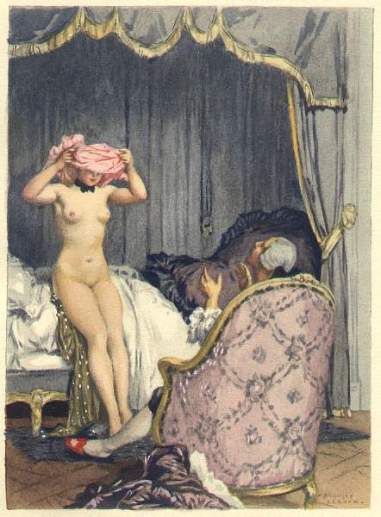 5 - 289 (in Bourdeaux) [Here Leroux illustrates a passage in the Bourdeaux edition that differs considerably from the uncorrupted text editions. Leroux pictures Madame Baret, who, in the absence of her husband, dresses herself in front of Casanova's eyes for supper. This scene doesn't occur in the later, oncorrupted editions. From the edition of Bourdeaux: "Elle ne fit pas une longue toilette: une robe de matin en toile de coton, un joli bonnet garni d'une fine dentelle, un fichu de linon mais que ce petit déshabillé était embelli par la fraîcheur et les roses de son teint!"