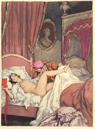 Je sors vite de mon lit […] Il faisait froid. Soit politesse ou timidité elle se retire; mais ne pouvant se retirer sans me faire place, il me semble d'être invité de la prendre […] Voilà Christine entre mes bras, et me voilà entre les siens; je vois sur son visage la surprise, l'innocence et le contentement. 2 - 246