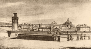 Litografia del recinto de la Ciutadella, a la izquierda, la Torre de Sant Joan (Diputació de Barcelona)